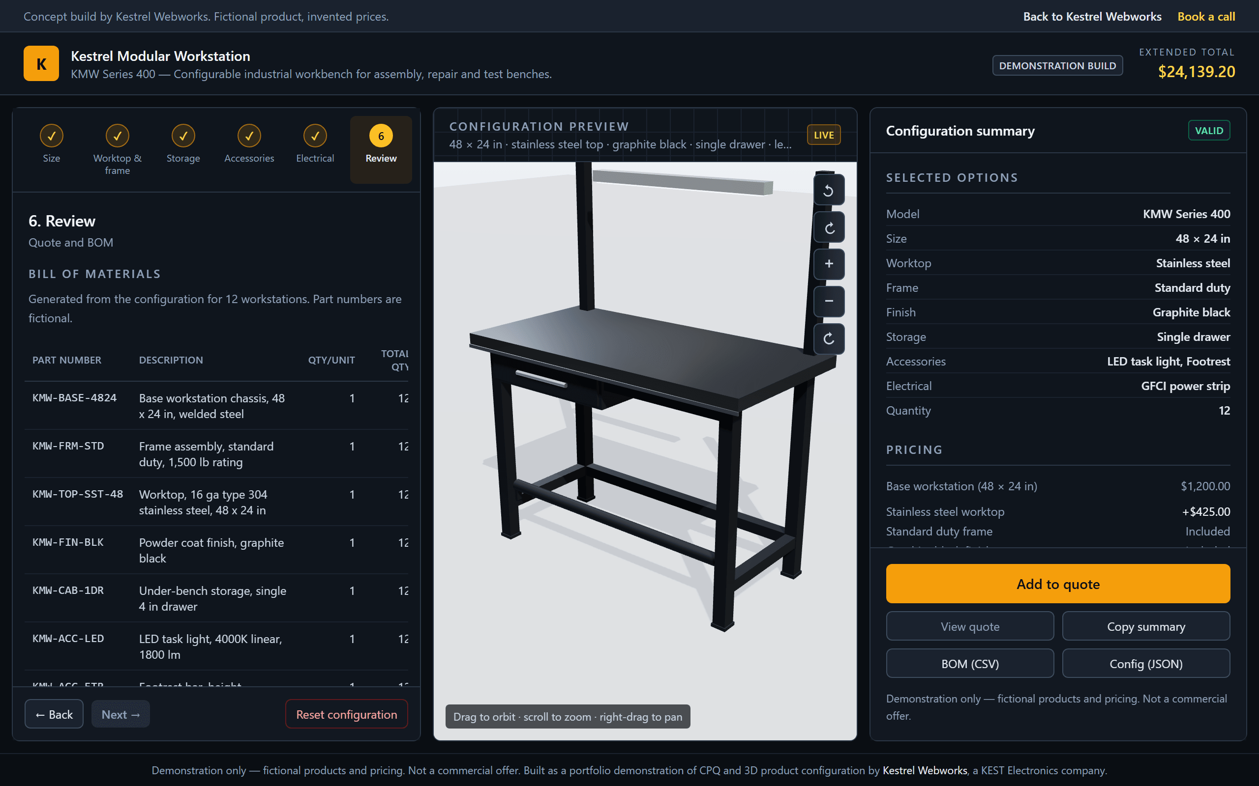 The review step of the Kestrel CPQ configurator: a bill of materials listing part numbers such as KMW-BASE-4824 and KMW-TOP-SST-48 against descriptions and quantities, beside a 3D preview of a black steel workstation and a summary panel showing an extended total of $24,139.20 for twelve units.