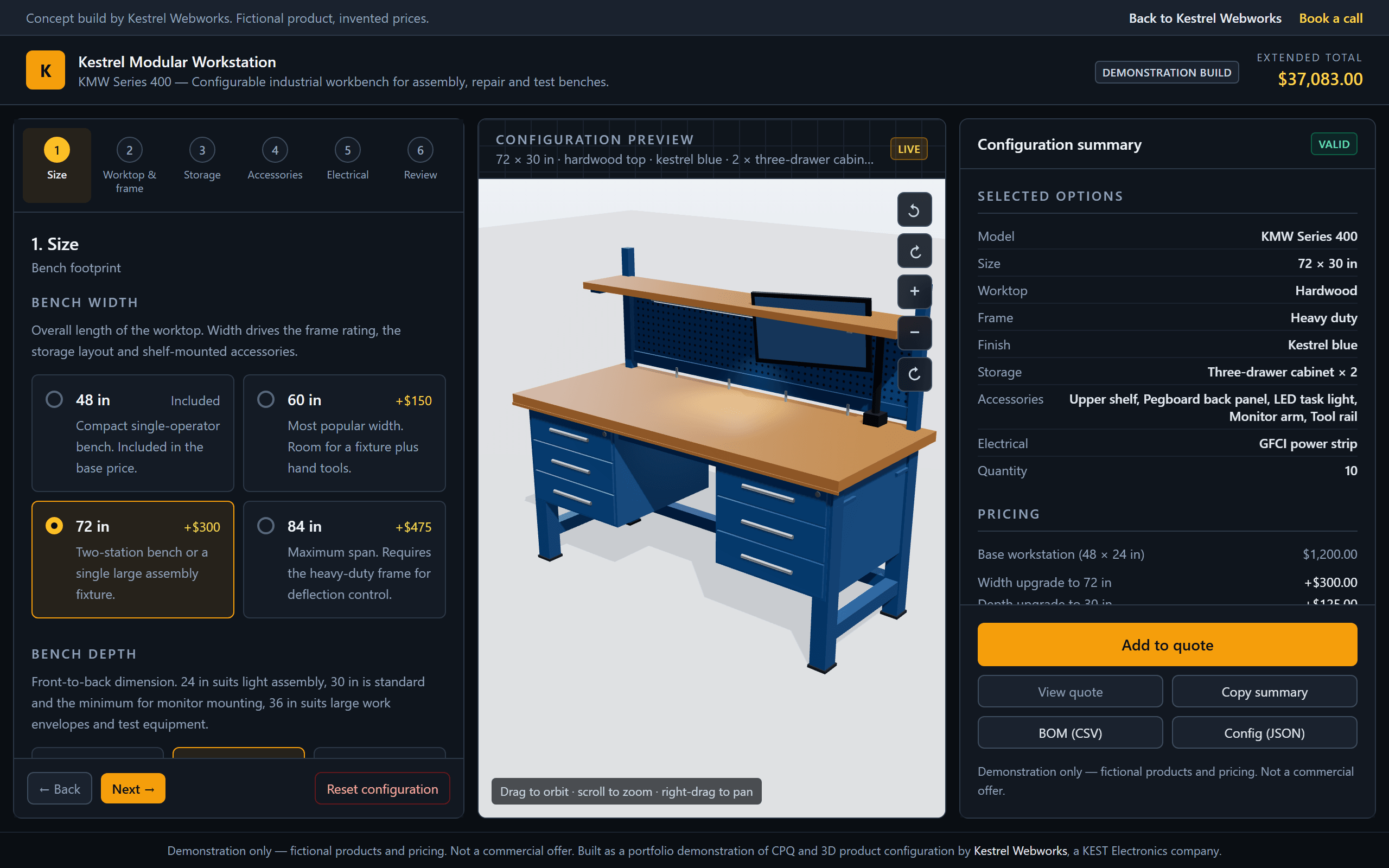 The Kestrel CPQ configurator: a six step progress bar from Size to Review, bench width options priced from included to plus $475 with the 72 inch option selected, a 3D preview of a blue steel workstation with a hardwood top, two three-drawer cabinets, a pegboard back panel and a monitor arm, and a summary panel listing the selected options and a running price breakdown.