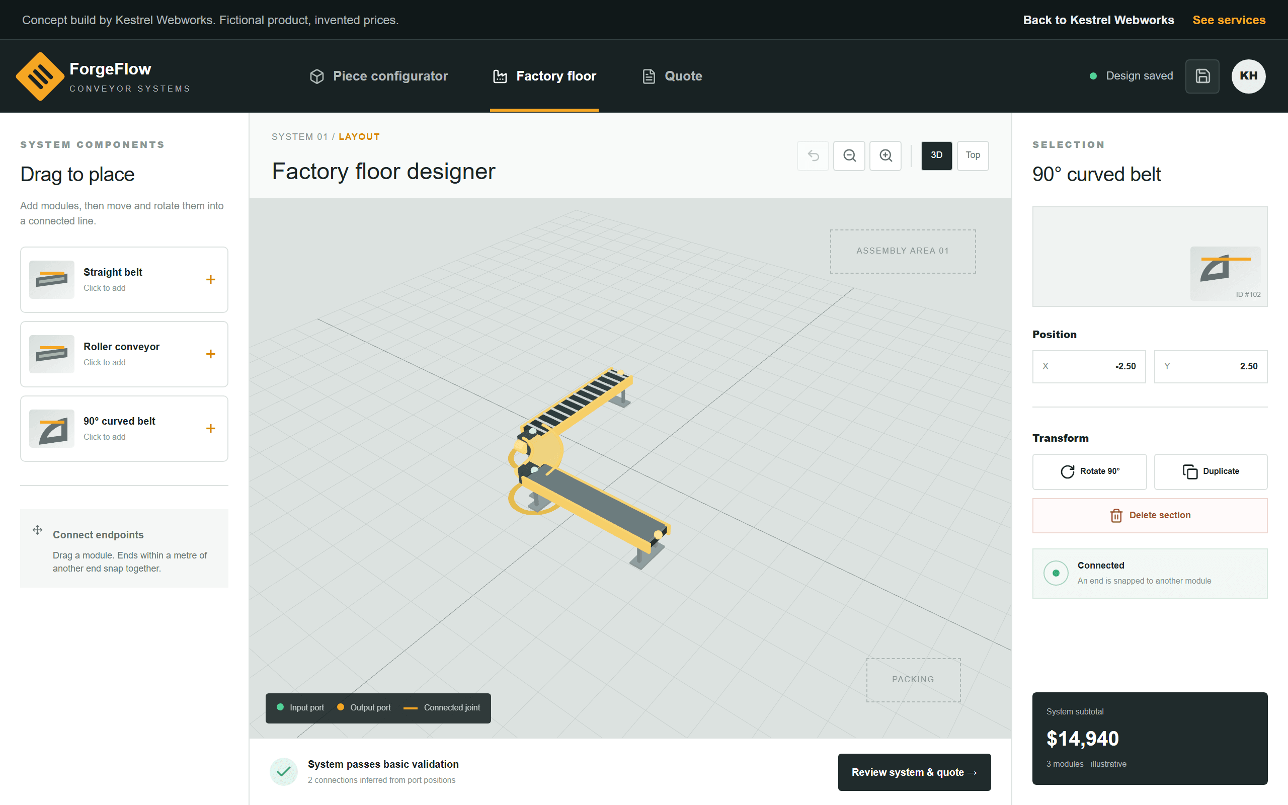 The ForgeFlow factory floor designer: a module library on the left offering a straight belt, a roller conveyor and a 90 degree curved belt, a 3D floor plan in the centre with three conveyor sections joined into a line, and a selection panel on the right showing position, rotation and a system subtotal of $14,940 for three modules.
